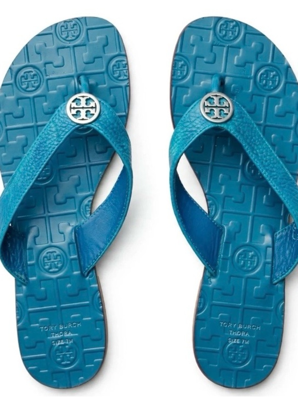 Tory Burch Thora Turquoise Leather Strap flip flops Size: 7 M